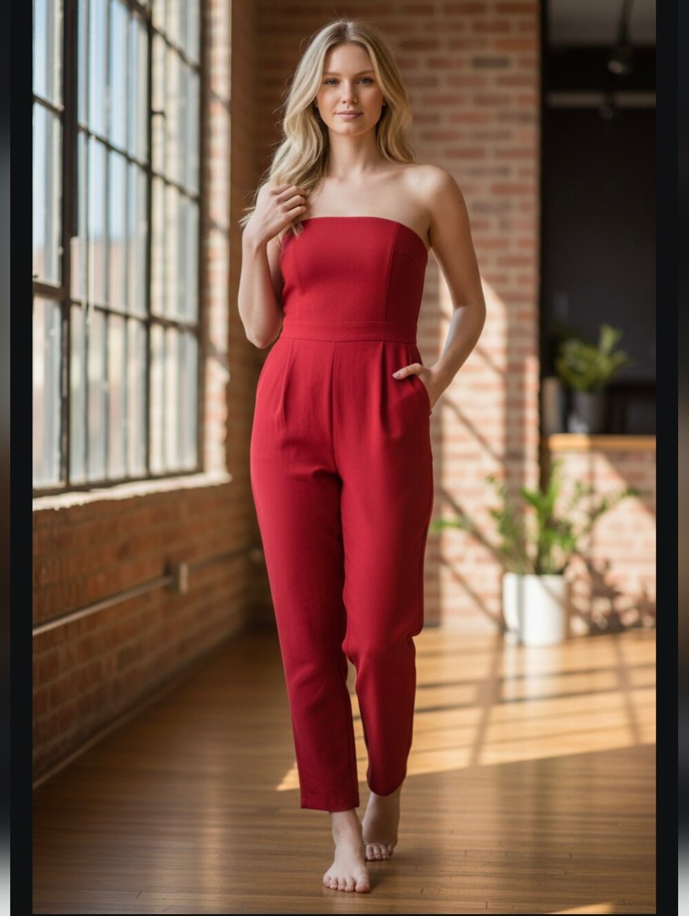 Boohoo Petite Grace Bandeau Tailored Red Jumpsuit Size 4.